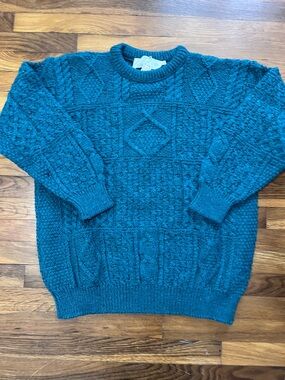 Glens is Donegal Classic Hand Cable Knit Crewneck Sweater - Teal 100% New Wool